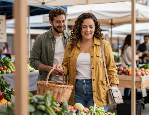 Couple at a weekend farmers market after meeting on a military singles dating site