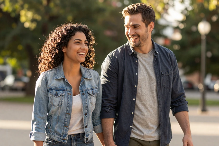 Happy couple walking together in a park after meeting through military dating