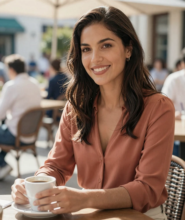 Latina woman smiling on a cafe terrace representing verified members on a military online dating site