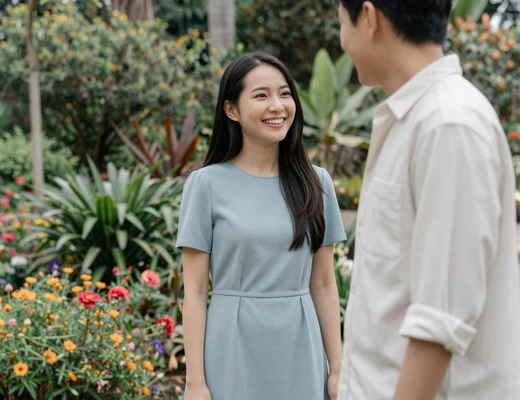 Couple smiling in a botanical garden after meeting on a military dating site