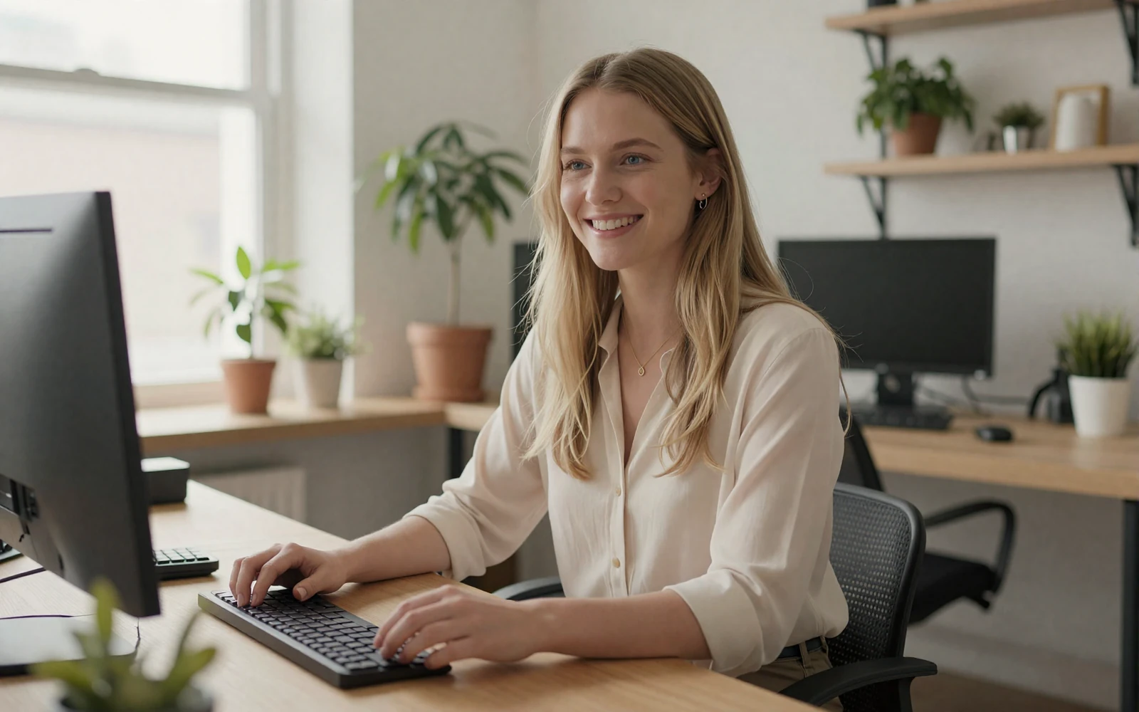 Blonde woman smiling in a casual office, illustrating military online dating versus traditional dating apps