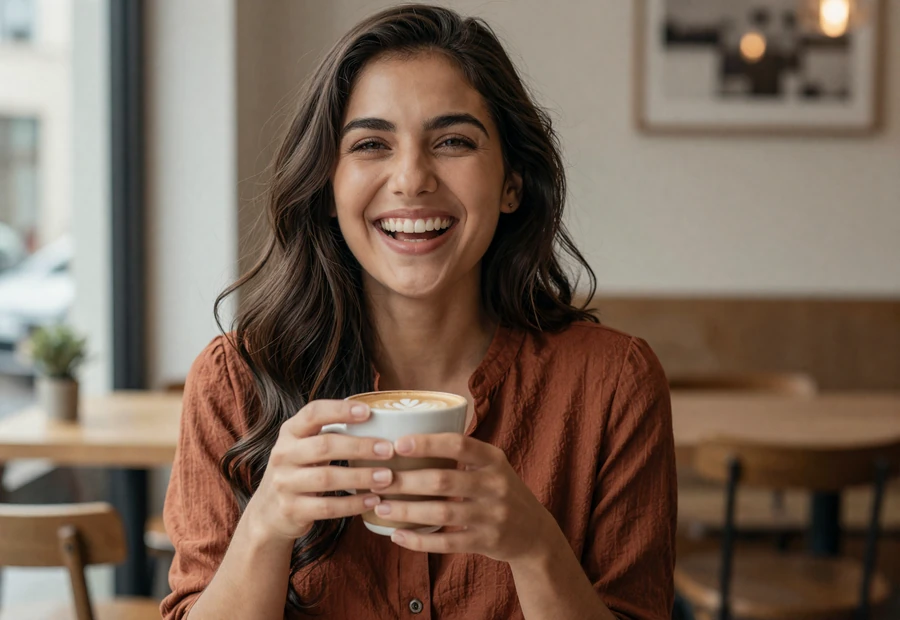 Woman laughing at a coffee shop, the kind of relationship-minded single who admires military men