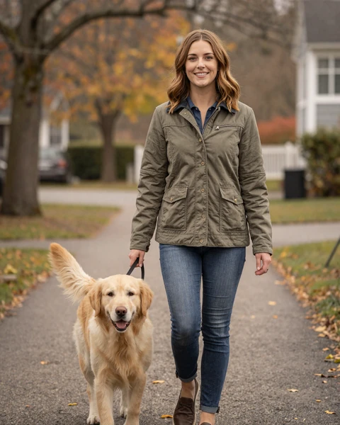 Verified woman walking her dog on a military veteran dating site for serious relationships
