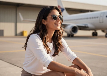 Woman at an airfield terrace on a military pilot and aviator dating site
