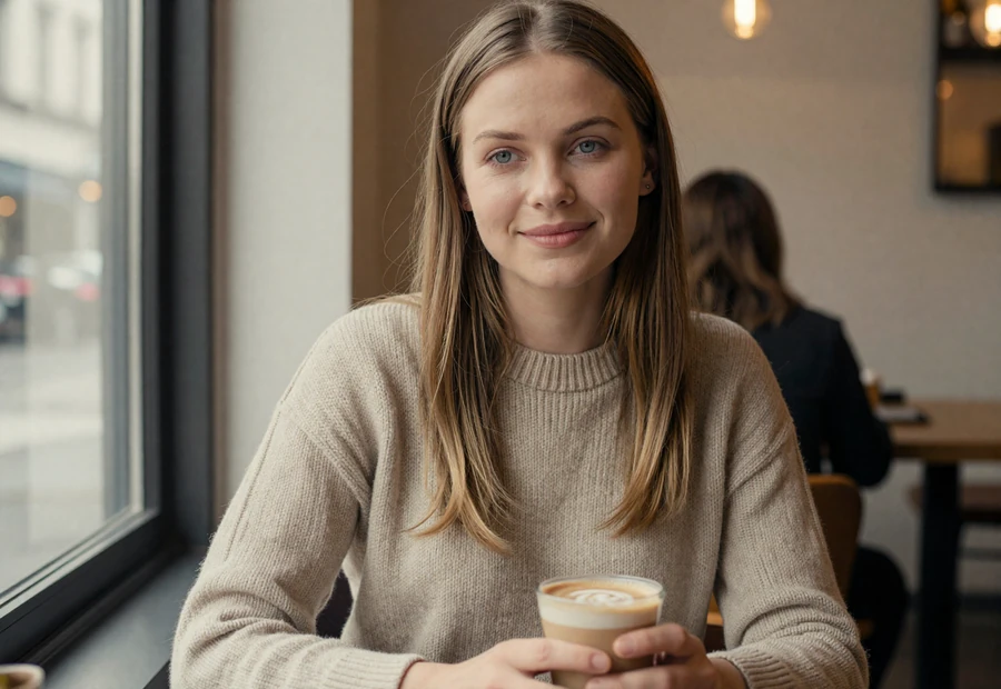 Woman relaxing at a coffee shop, representing the understanding partners single soldiers looking for love hope to meet