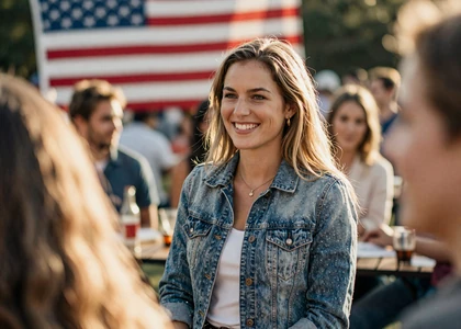 Woman at a veteran community event on a veteran dating site with a blurred flag