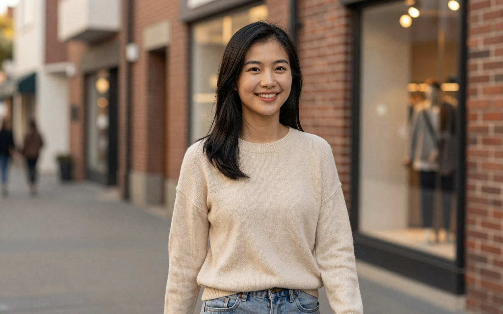 Woman smiling on a city walk, representing the connections built through smart military dating tips
