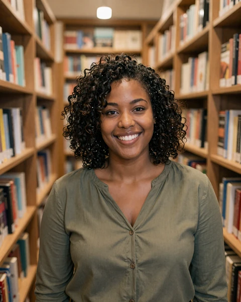 Verified woman browsing a bookstore on a free military dating site for serious relationships