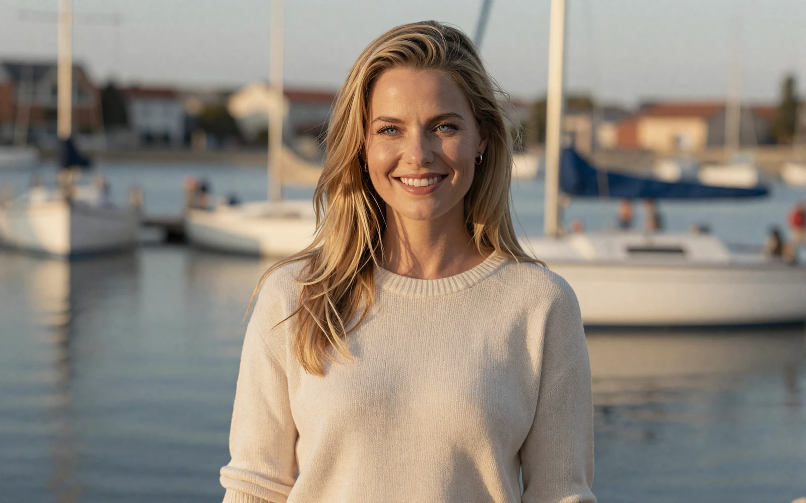 Blonde woman smiling on a marina waterfront on a navy dating site for sailors and naval officers
