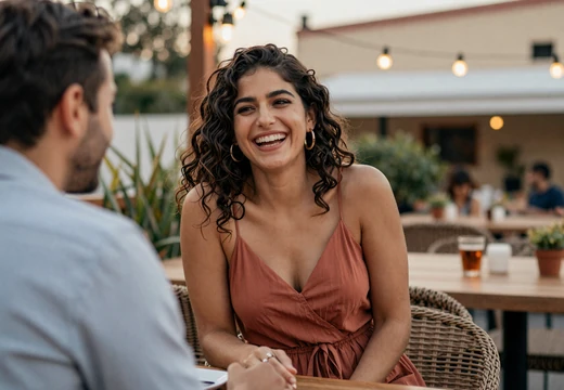 Couple laughing on a restaurant terrace after meeting on a military dating site
