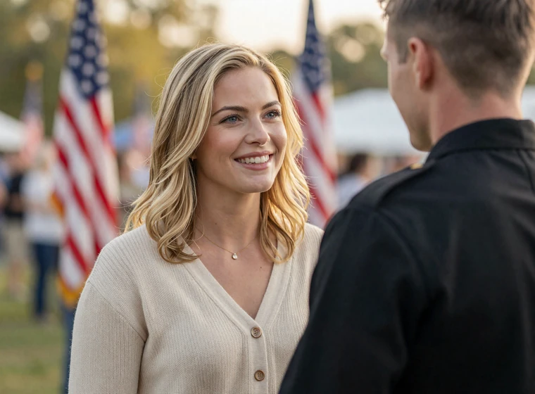 Woman smiling beside a man in uniform at a patriotic celebration on a military dating site