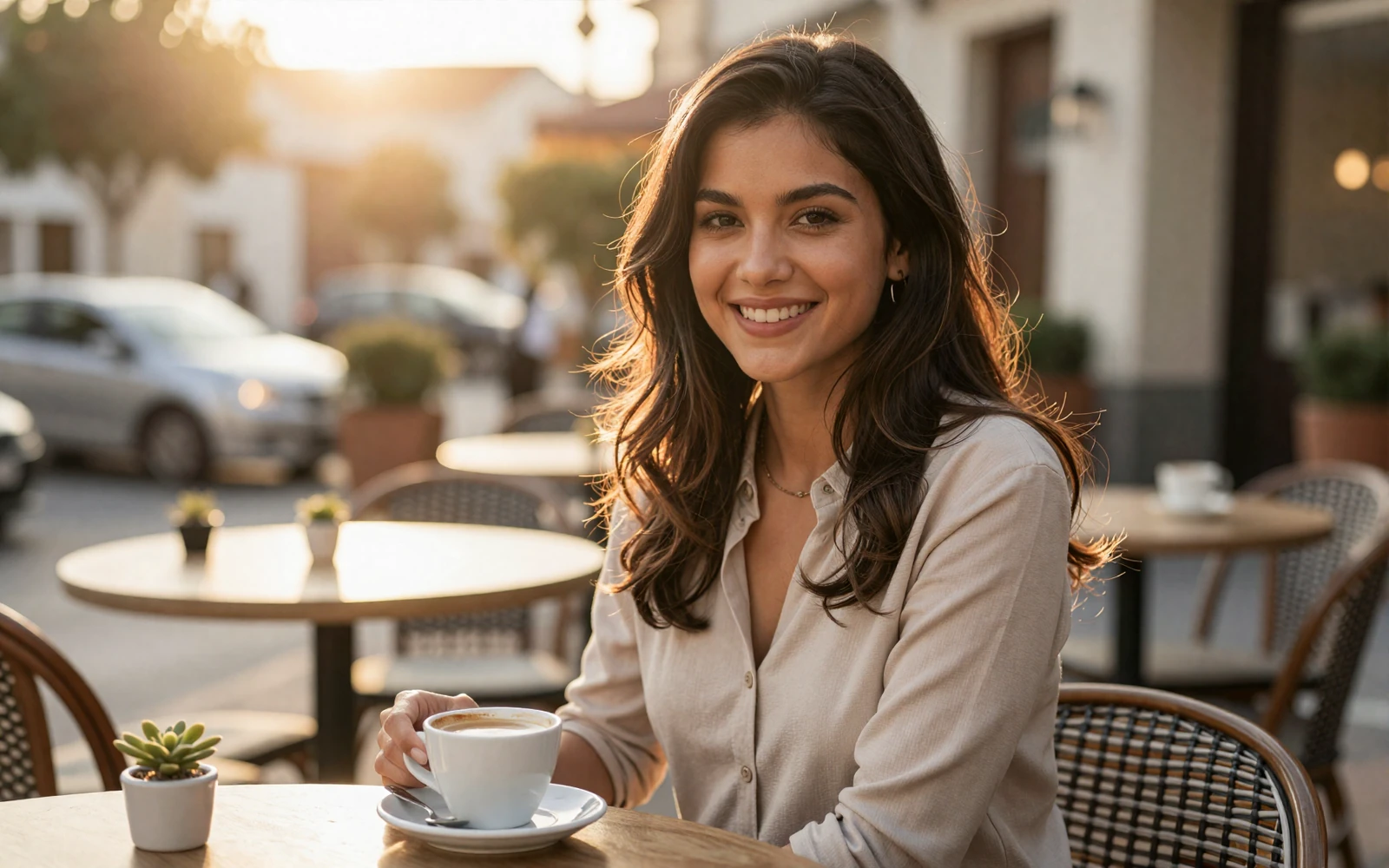 Woman smiling at an outdoor cafe on a military dating site for serious singles