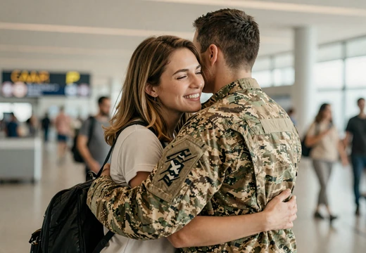 Happy couple embracing at an airport reunion from a military dating site