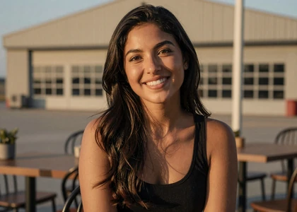 Woman at an airfield terrace on a military pilot and aviator dating site