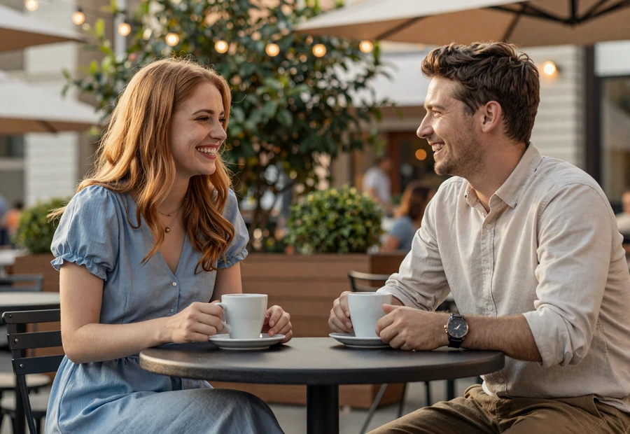 Couple laughing on a first date at an outdoor café, a relaxed setting recommended in these military dating tips