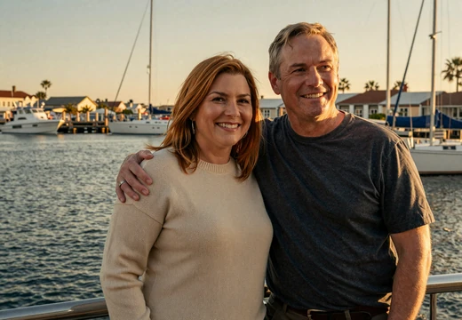 Veteran couple on a waterfront at sunset after meeting on a veteran dating site
