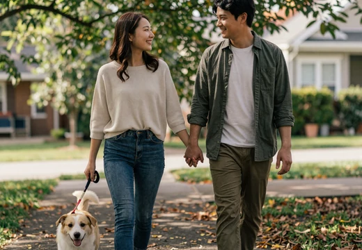 Couple walking a dog together after meeting on a military singles dating site