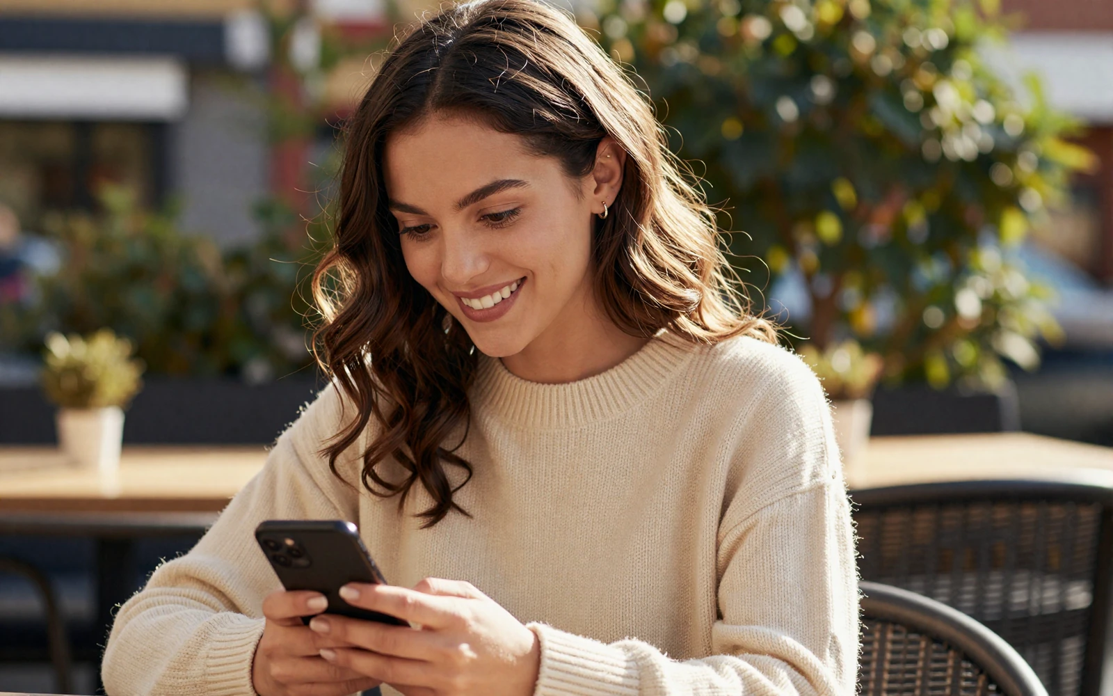 Woman at a terrace near an airfield on a military pilot and aviator dating site