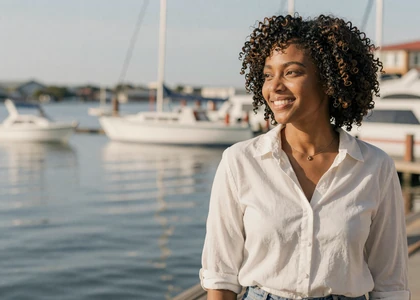 Smiling woman at a naval waterfront on a sailor and navy dating site