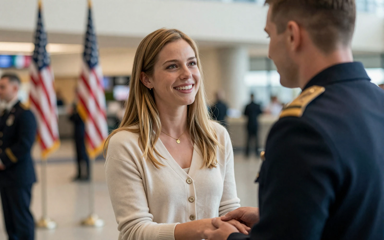 Woman smiling warmly at a man in uniform at a homecoming, showing why military men attract serious women