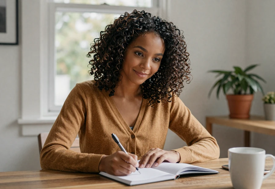 Woman journaling at a home desk, reflecting on the emotional distance of dating a military man long distance during deployment