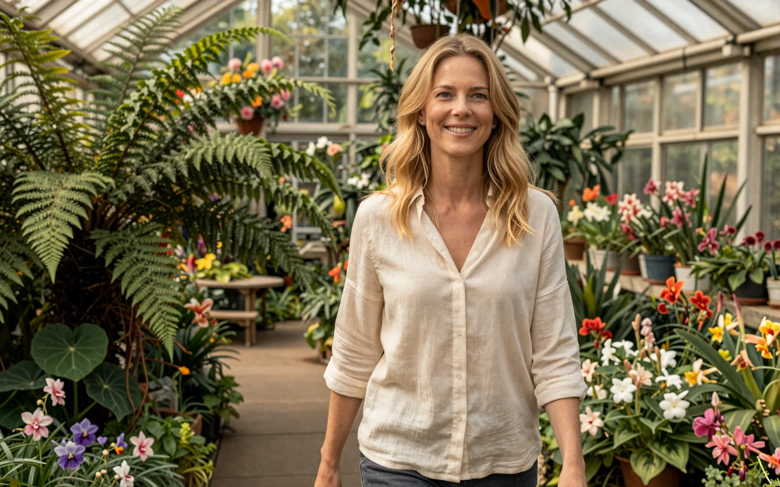 Woman smiling in a botanical garden, reflecting a fresh start with veteran dating after military retirement