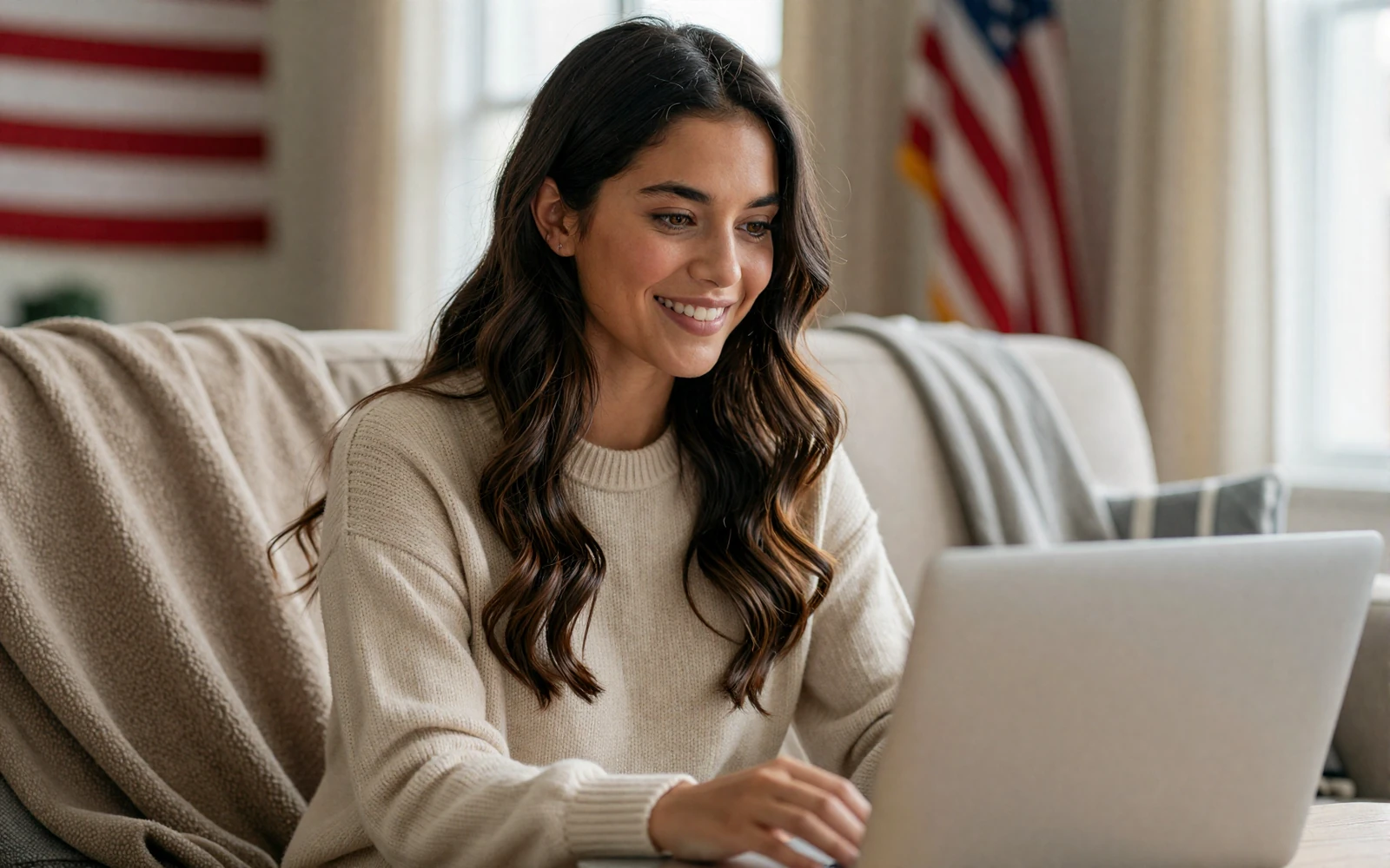 Woman smiling during a video call at home, capturing the closeness of a long distance military relationship during deployment