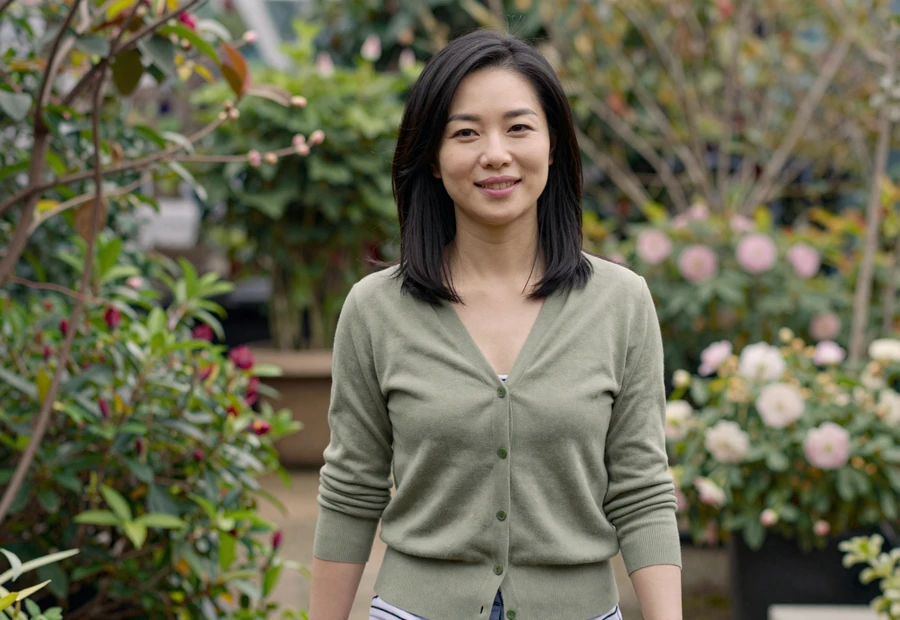 Asian woman smiling in a botanical garden, representing the serious partners found through military online dating
