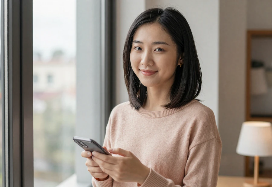 Woman by an apartment window with her phone, showing how easy it is to meet military men online