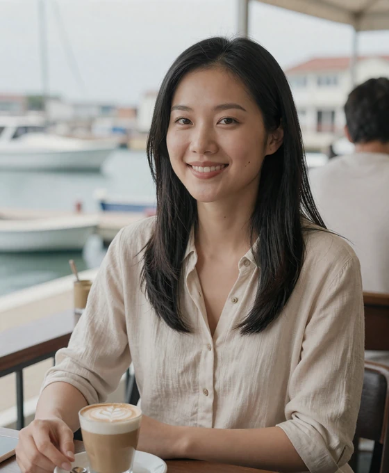 Asian woman at an outdoor waterfront cafe, a member of our us navy dating community