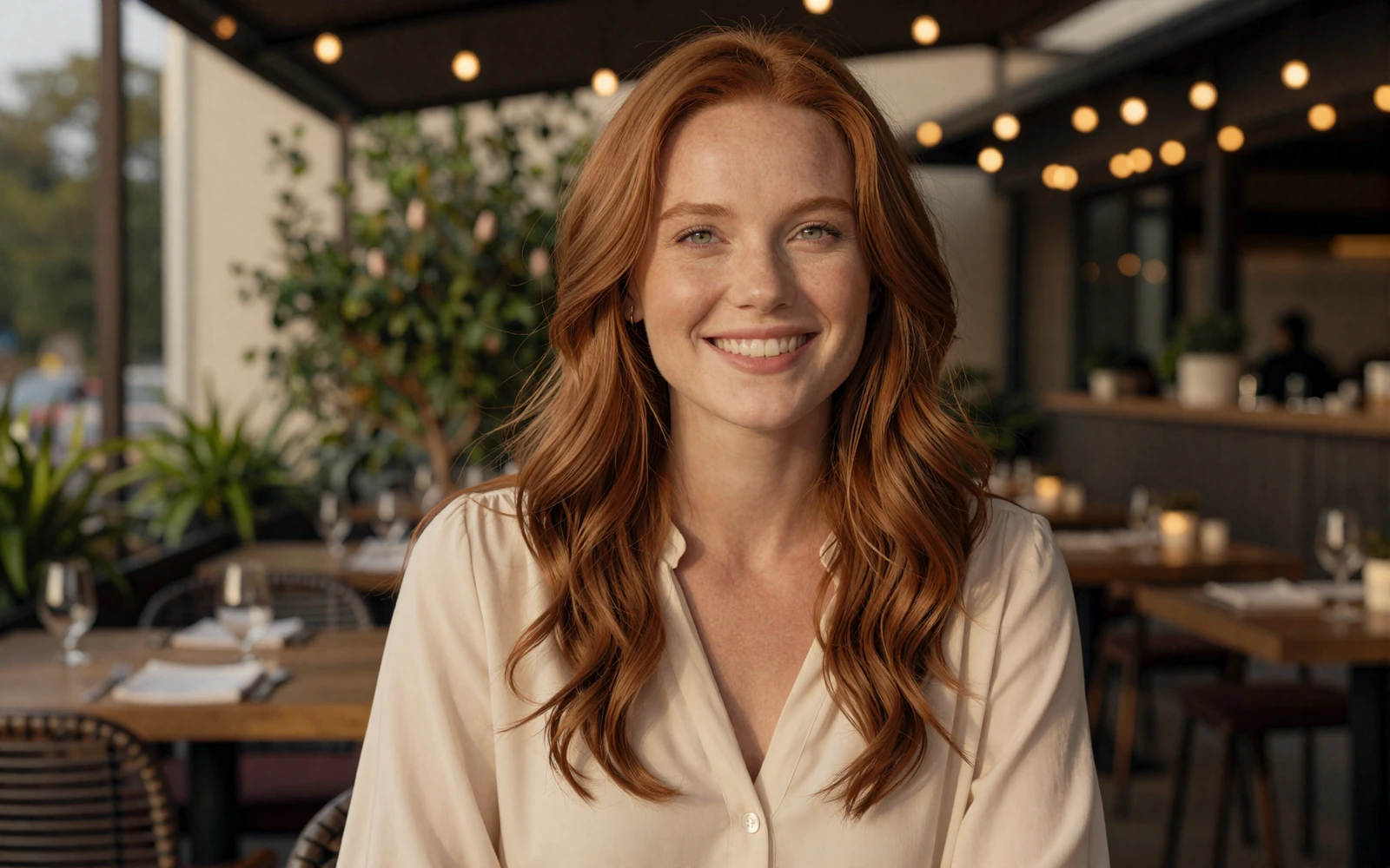 Redhead woman smiling at an outdoor restaurant terrace on a military pilot dating site for aviators