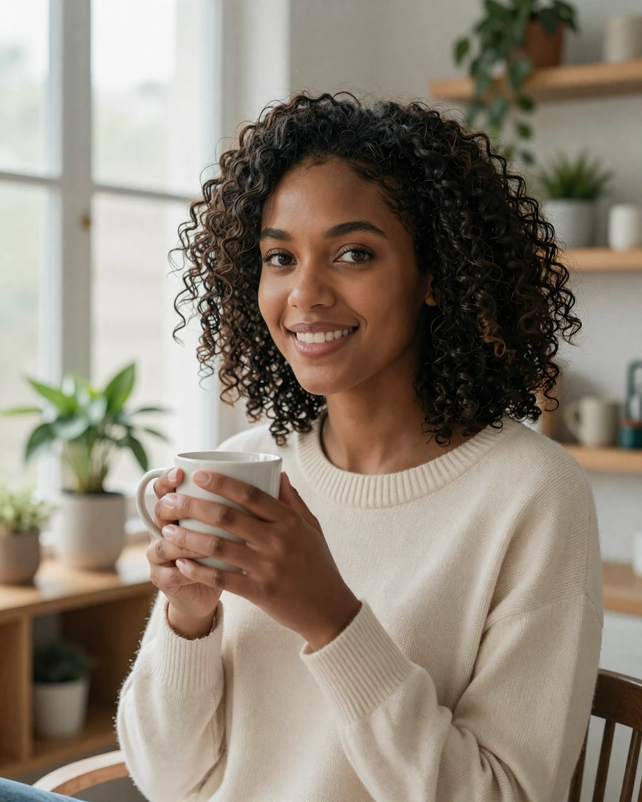 Woman smiling warmly at home while messaging support on a military dating site