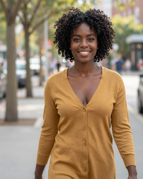Verified Black woman on a city walk looking for dating men in uniform on our platform