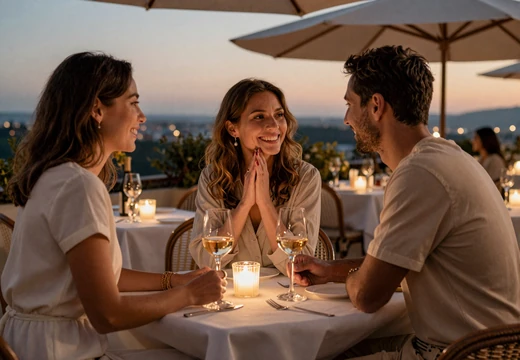 Veteran couple at a restaurant terrace after meeting on a military dating site