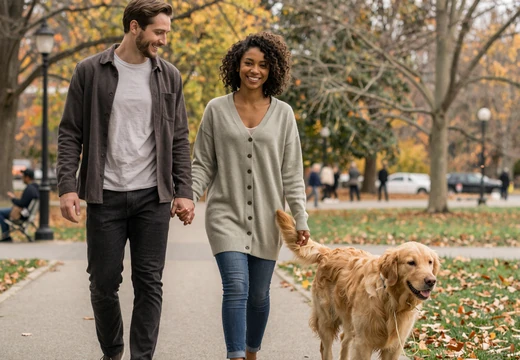 Couple walking a dog in a park after meeting on a military singles dating site