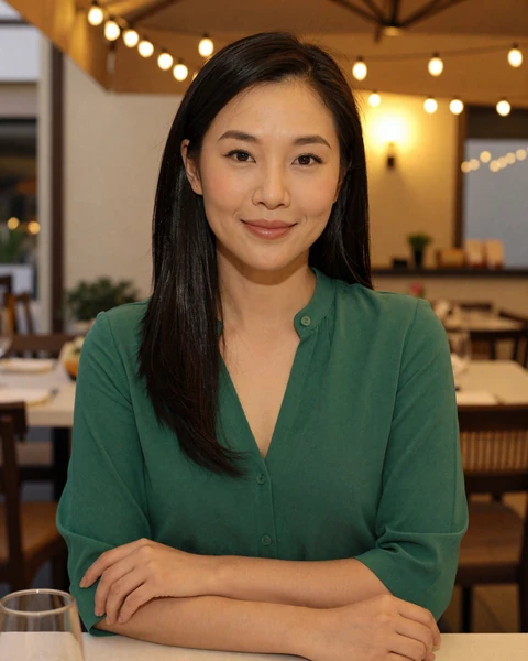 Verified Asian woman at a restaurant terrace open to uniform dating with service members