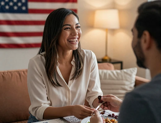 Couple at a home celebration with a softly blurred flag after meeting on a military dating site