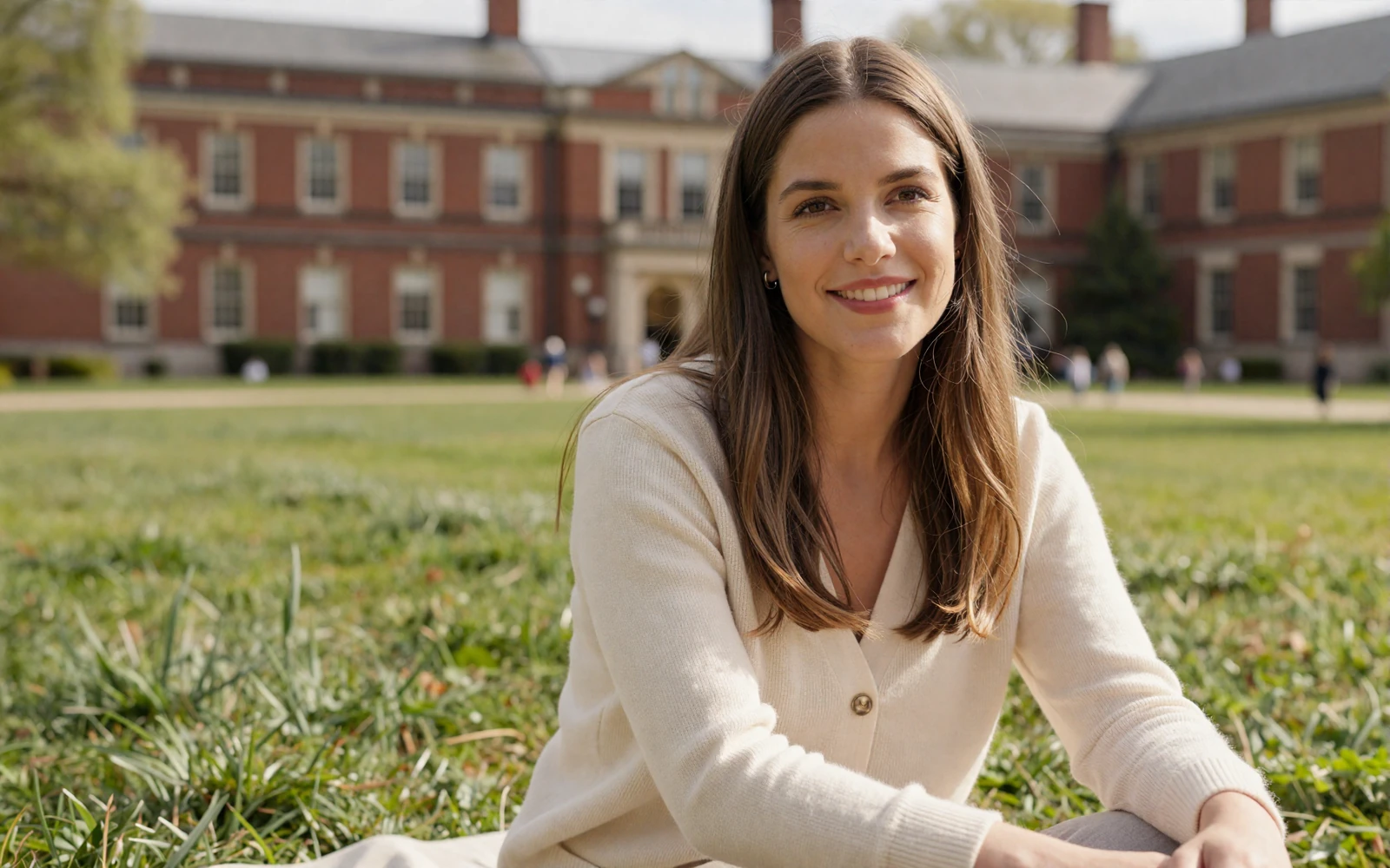 Woman smiling on a university campus lawn on an army dating site for soldiers and singles