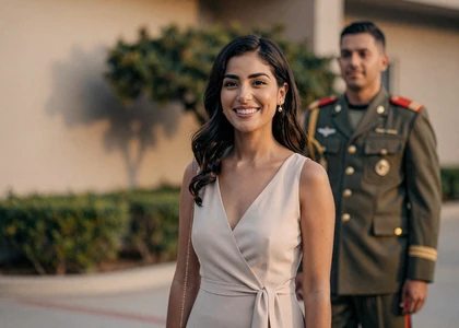 Woman admiring a man in dress uniform on a military uniform dating site