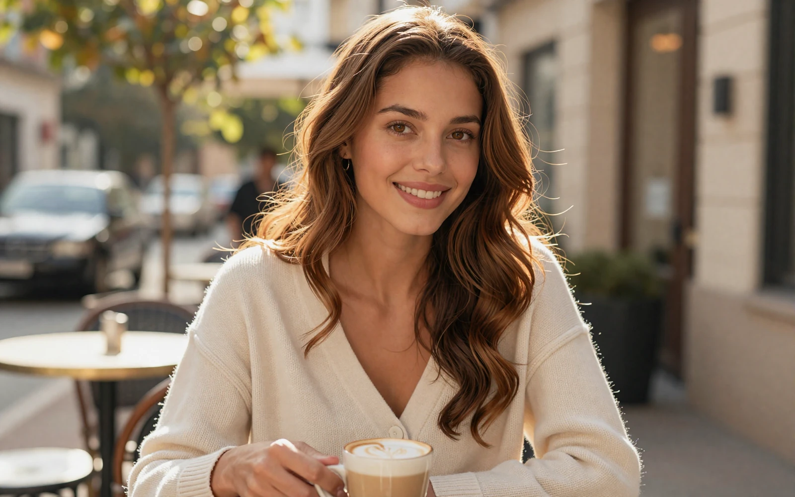 Woman smiling at an outdoor café, illustrating where to meet military men through relaxed, everyday moments