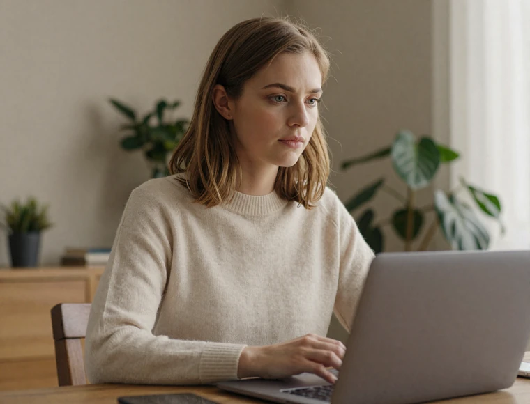 Woman thoughtfully using a laptop to check profiles and avoid military dating scams