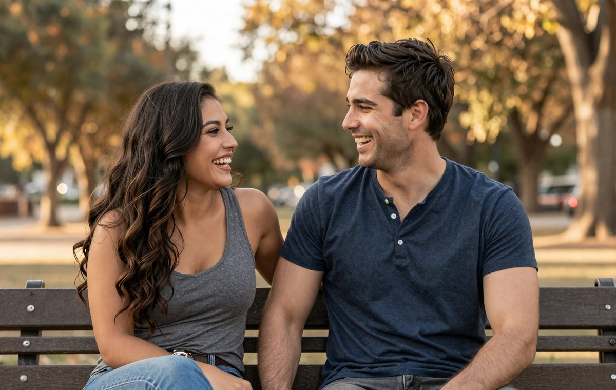 Happy couple laughing on a park bench, showing the genuine bonds military dating sites help create