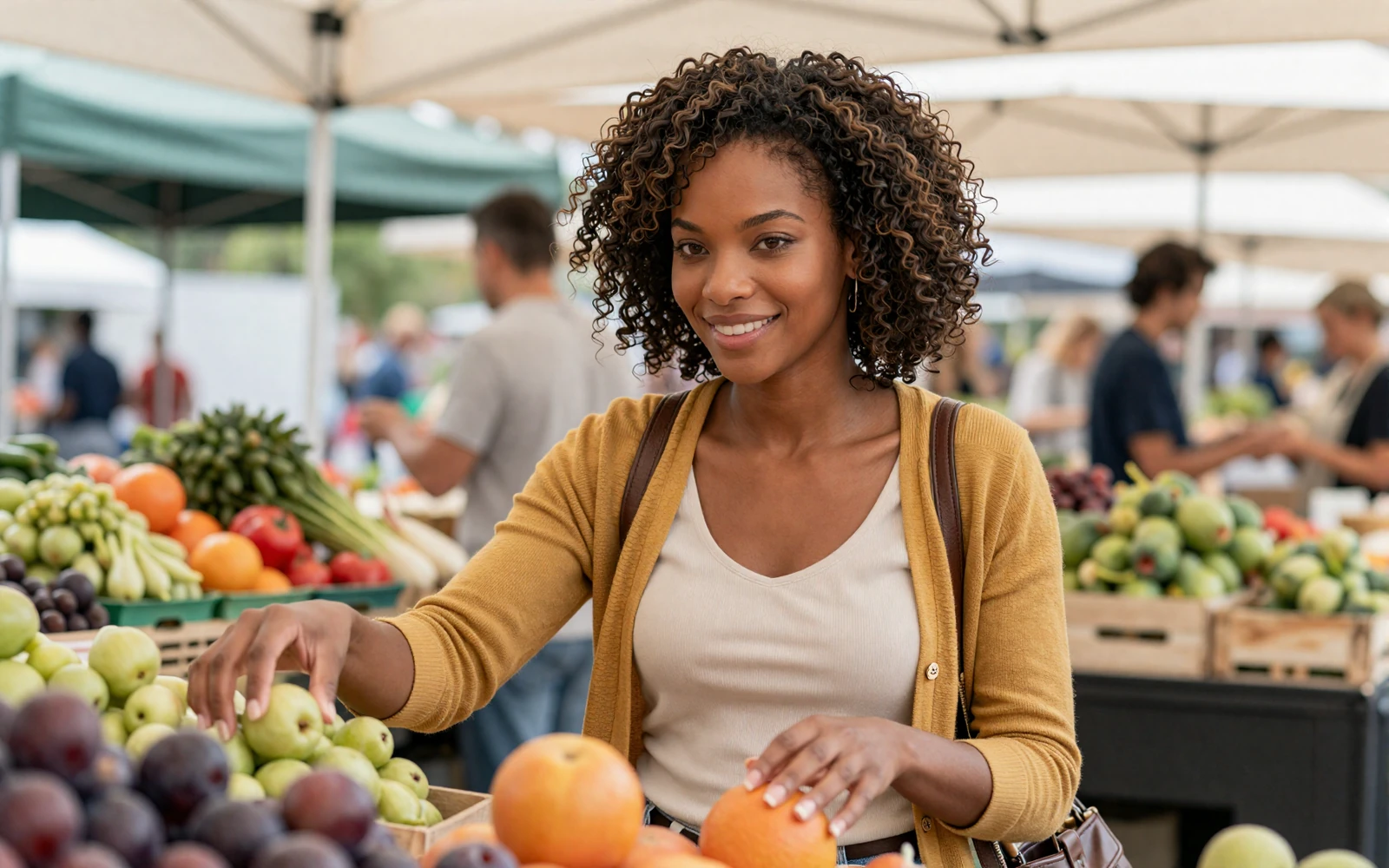 Woman smiling at a weekend market, reflecting the genuine connections single military men can find during service