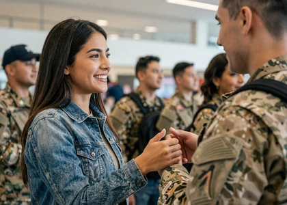 Woman greeting a soldier at a homecoming on an army dating site for military singles