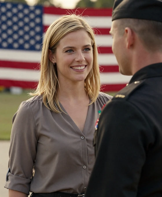 Woman admiring a man in dress uniform at a patriotic celebration on a military uniform dating site