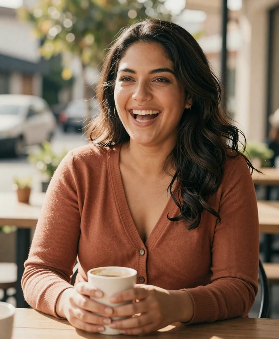 Latina woman laughing on a café terrace, a member of our military veteran dating community
