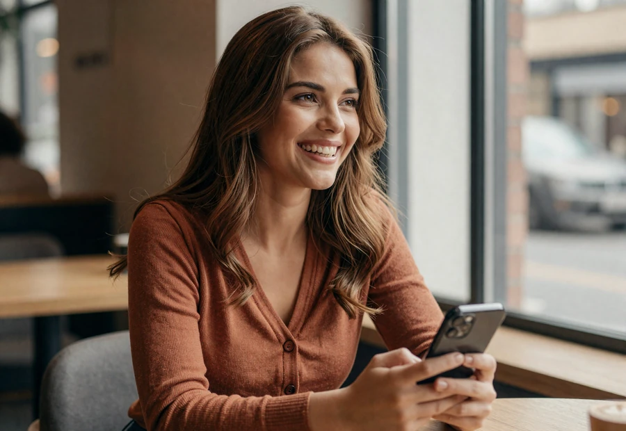 Woman laughing while messaging at a coffee shop, showing intentional communication in military dating