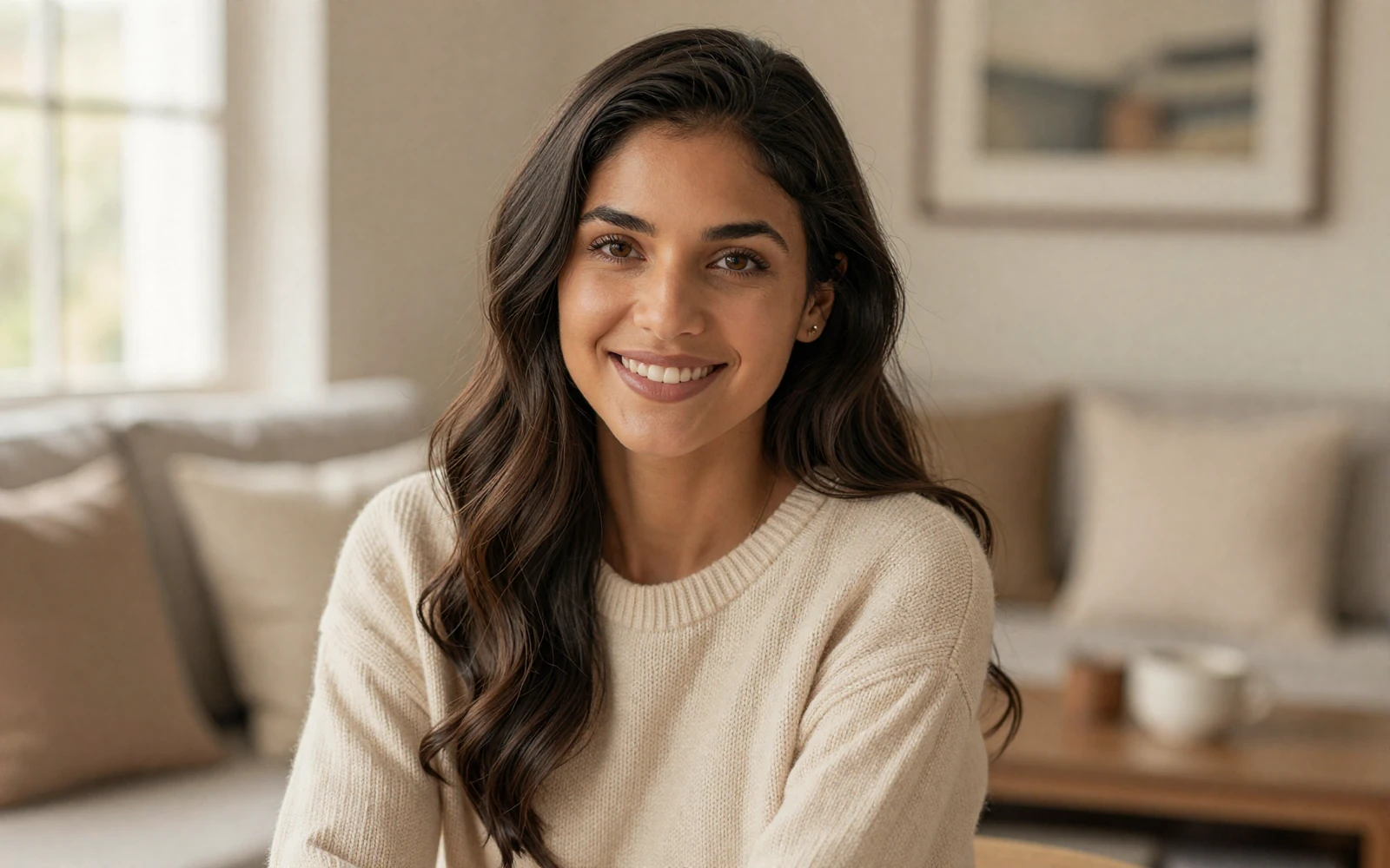 Woman smiling in a warm home interior on a uniform dating site for admirers of men in uniform