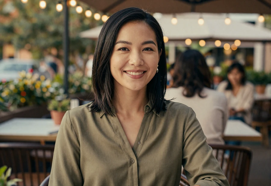 Woman relaxing on a restaurant terrace, illustrating the serious intent found on retired military dating sites