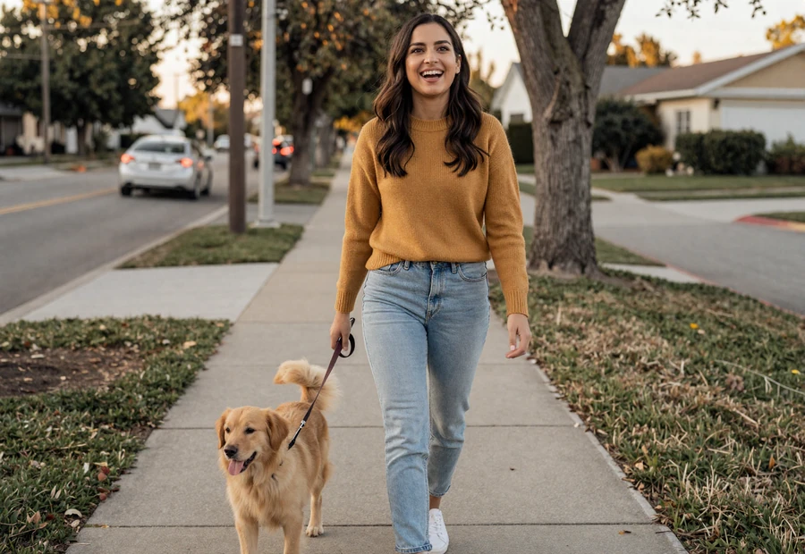 Woman walking her dog outdoors, showing the independent full life that helps when dating a military man on active duty